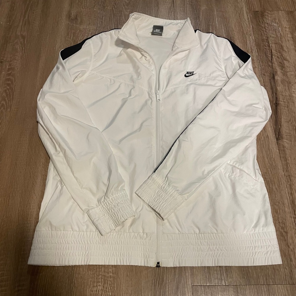 Nike Mens Track Jacket XL White Polyester Sportswear Windbreaker Full Zip Stripe